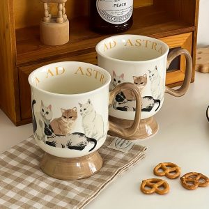 Cute Cat Ceramic Mug, Tall Stem Coffee Cup, Stylish Couple's Water Glass, Designer Breakfast Teacup