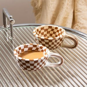 1pc Irregular Checkered Ceramic Mug for Home Office Casual Coffee Cup 7oz