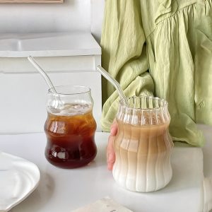 1pc Ribbed Glass Cups (Without Straw) 18Oz Vintage Ripple Drinking Glassware, Iced Coffee Cocktail Juice Milk Beverage Tumbler, Aesthetic Kitchen Home Bar Decor