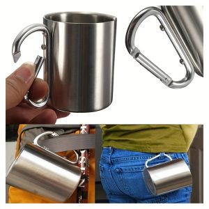 1pc Travel Camping Portable Water Cup with Stainless Steel 304 Inner Metal Cup Buckle for Backpacku002FPendant Use