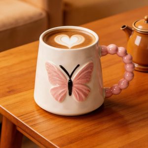 3D Stereoscopic Relief Butterfly Ceramic Coffee Cup Teacup Teapot Set Home Mug Round Bead Handle Drinking Cup Suitable for Coffeeu002FTea INS Style High-Value Design Women'S Gift Ramadan Holiday Gift Party, Home Or Office